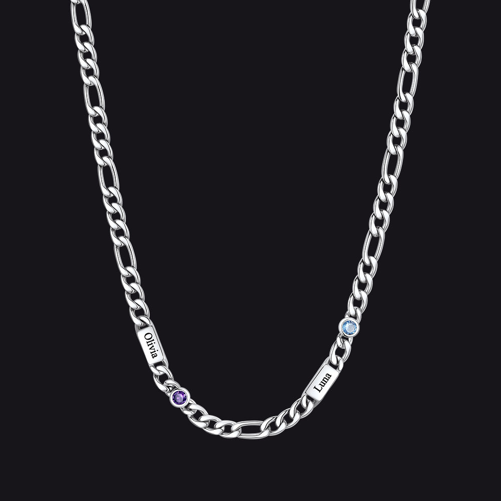 Customized Names Birthstone Figaro Chain Necklace | 2 Bars / Rectangle / Silver