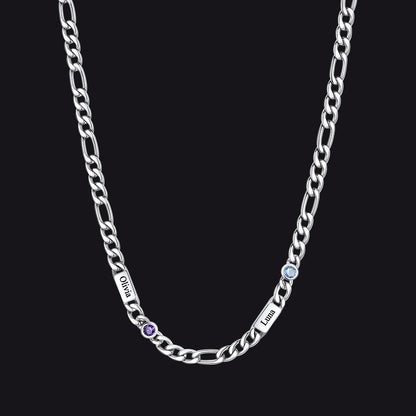 Customized Names Birthstone Figaro Chain Necklace | 2 Bars / Rectangle / Silver