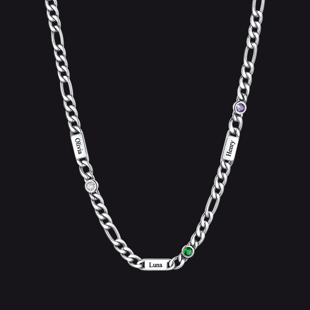 Customized Names Birthstone Figaro Chain Necklace | 3 Bars / Round / Silver