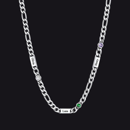 Customized Names Birthstone Figaro Chain Necklace | 3 Bars / Round / Silver