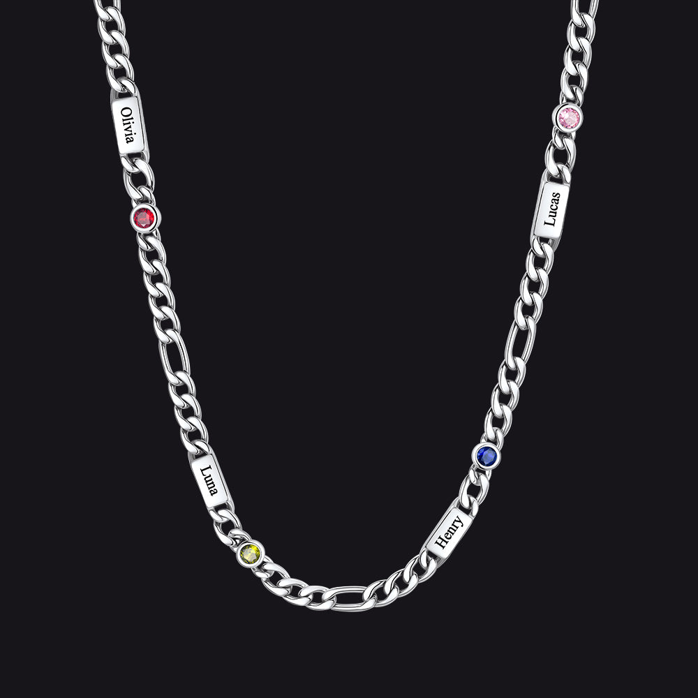 Customized Names Birthstone Figaro Chain Necklace | 4 Bars / Round / Silver