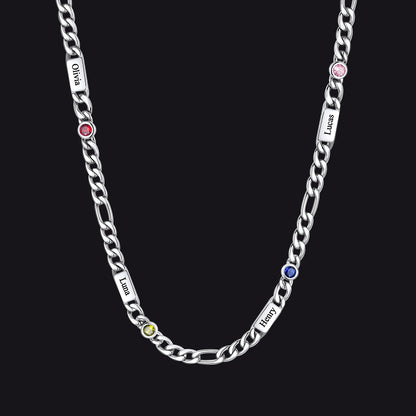 Customized Names Birthstone Figaro Chain Necklace | 4 Bars / Round / Silver