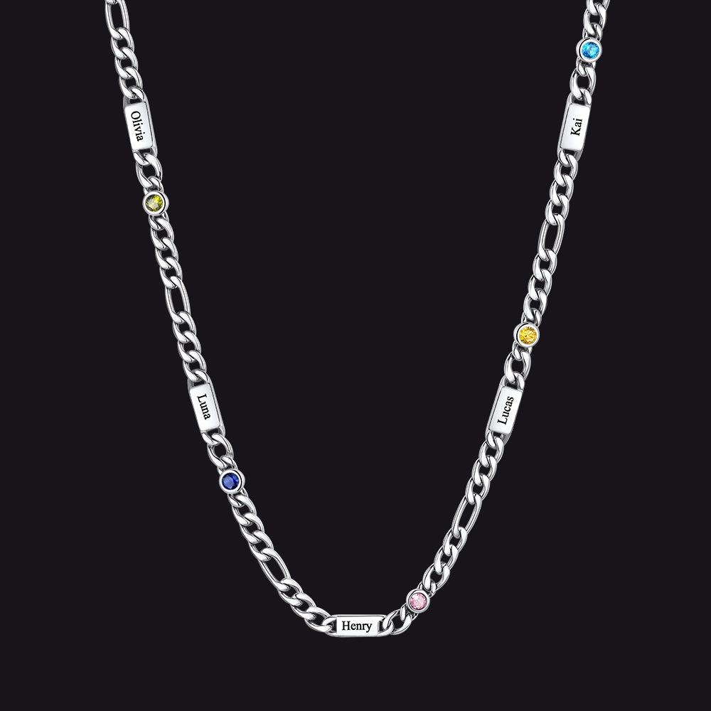 Customized Names Birthstone Figaro Chain Necklace | 5 Bars / Round / Silver