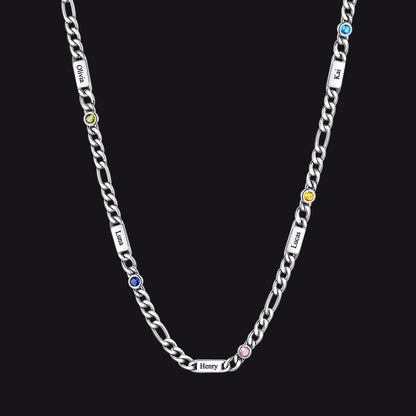 Customized Names Birthstone Figaro Chain Necklace | 5 Bars / Round / Silver