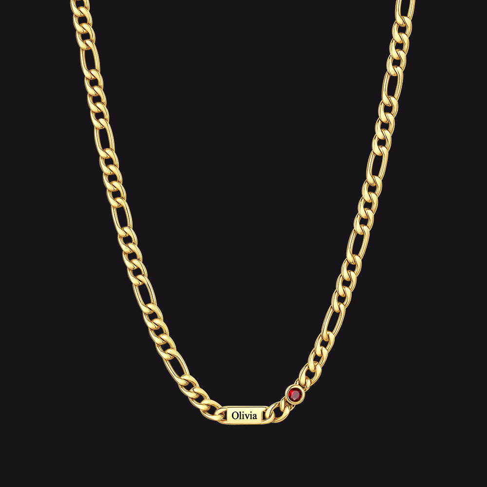 Customized Names Birthstone Figaro Chain Necklace | 1 Bar / Round / 14k Gold