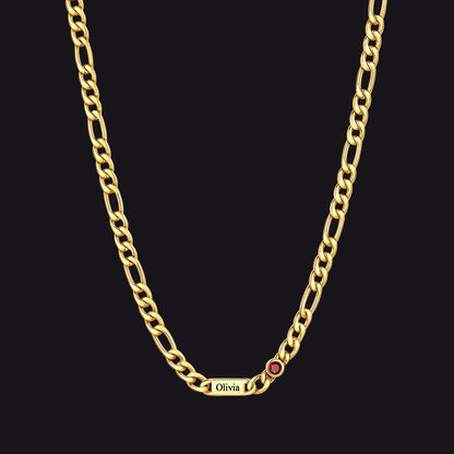 Customized Names Birthstone Figaro Chain Necklace | 1 Bar / Round / 14k Gold