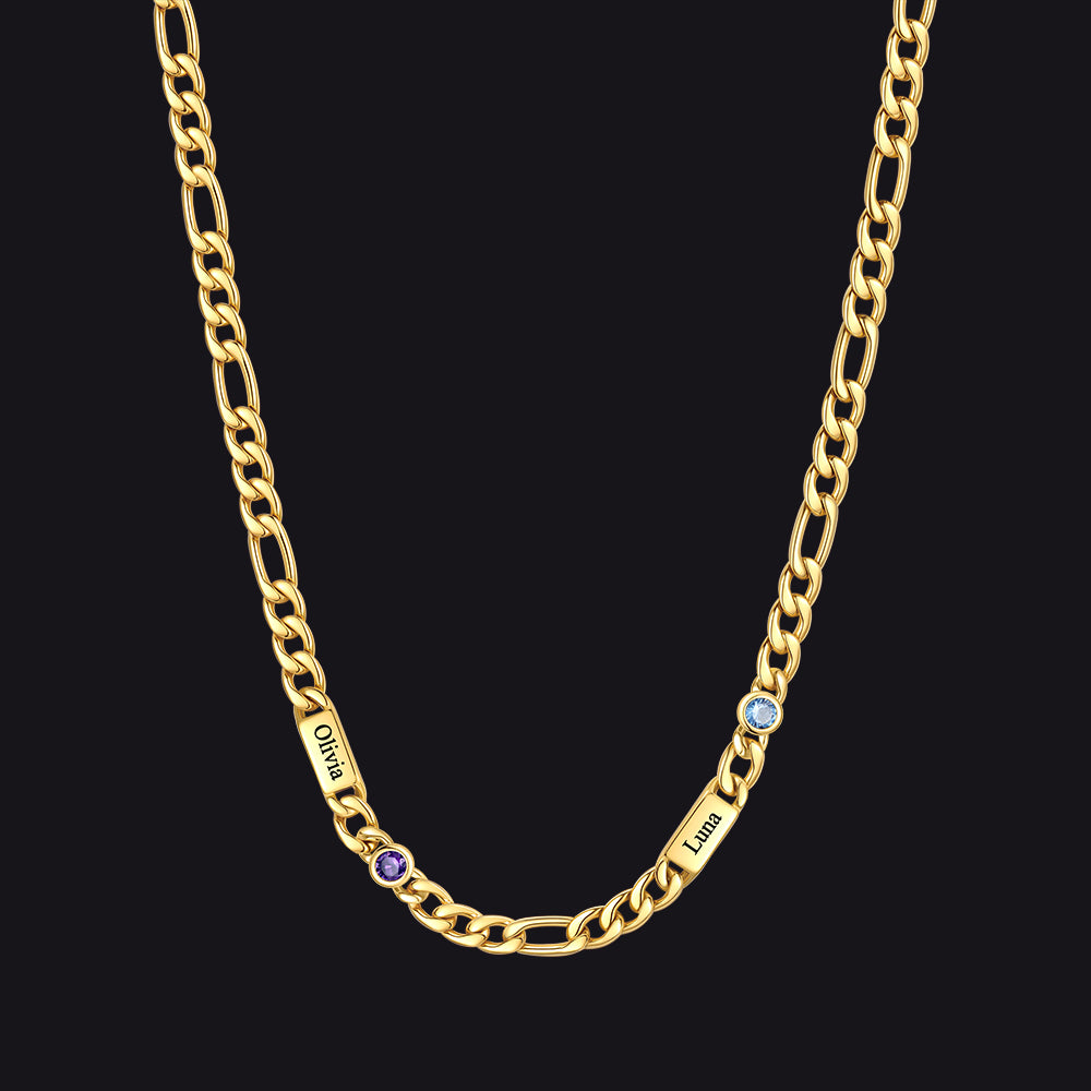 Customized Names Birthstone Figaro Chain Necklace | 2 Bars / Round /  14k Gold