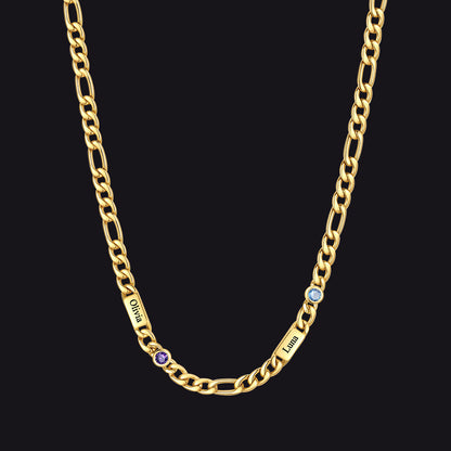 Customized Names Birthstone Figaro Chain Necklace | 2 Bars / Round /  14k Gold