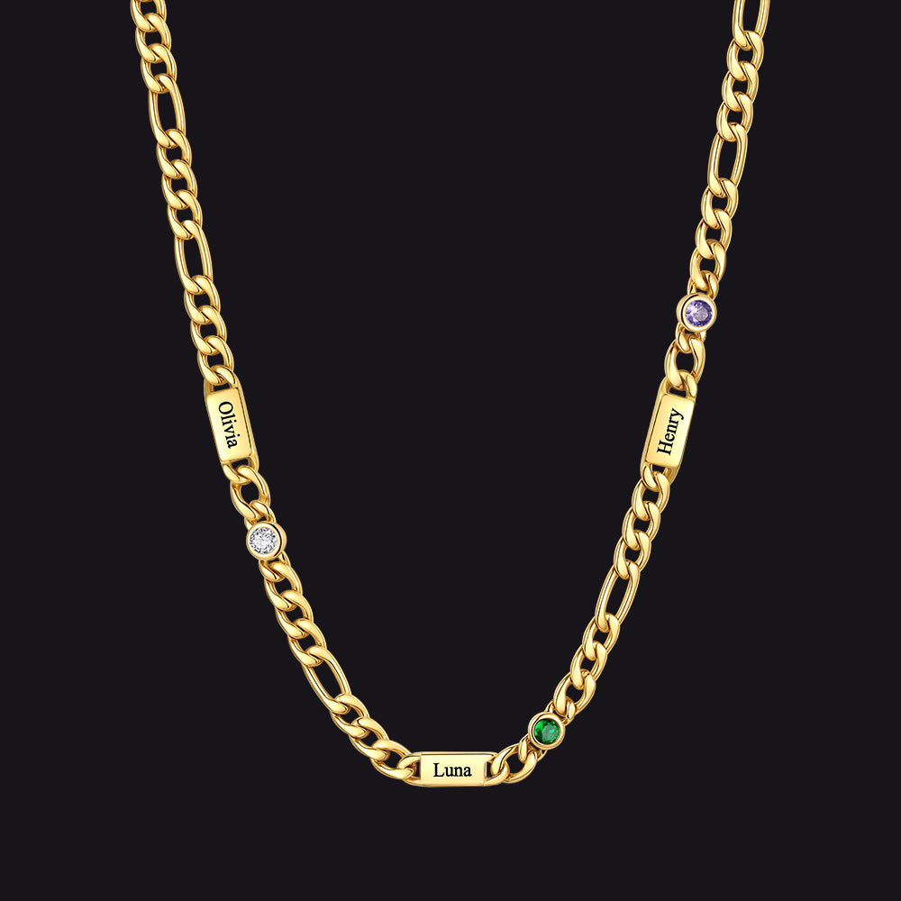 Customized Names Birthstone Figaro Chain Necklace | 3 Bars / Round / Gold