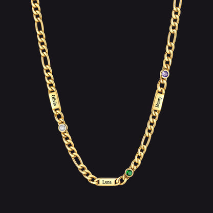 Customized Names Birthstone Figaro Chain Necklace | 3 Bars / Round / Gold