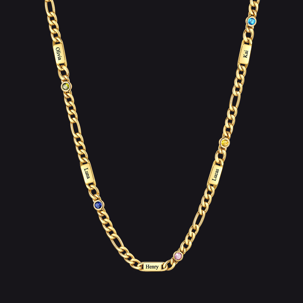 Customized Names Birthstone Figaro Chain Necklace | 5 Bars / Round / Gold