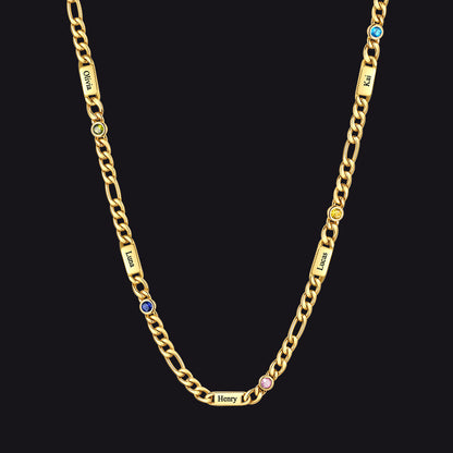 Customized Names Birthstone Figaro Chain Necklace | 5 Bars / Round / Gold