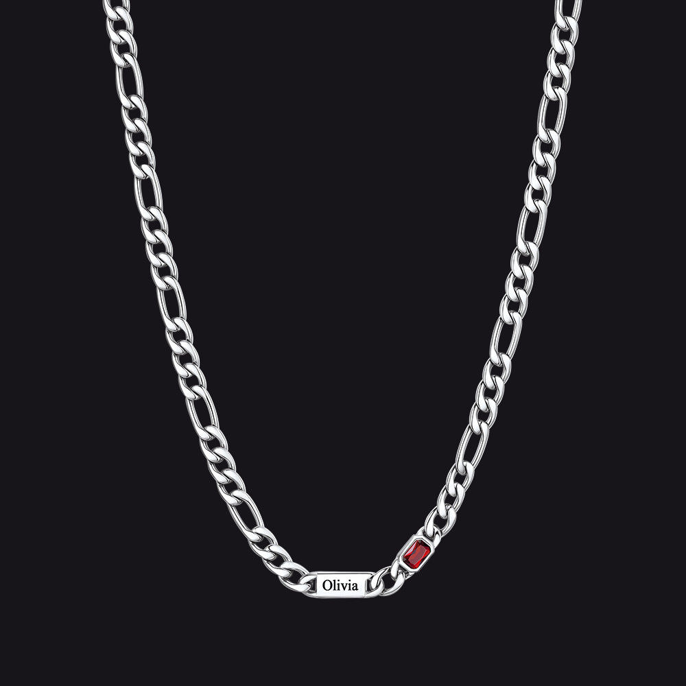 Customized Names Birthstone Figaro Chain Necklace | 1 Bar / Rectangle / Silver