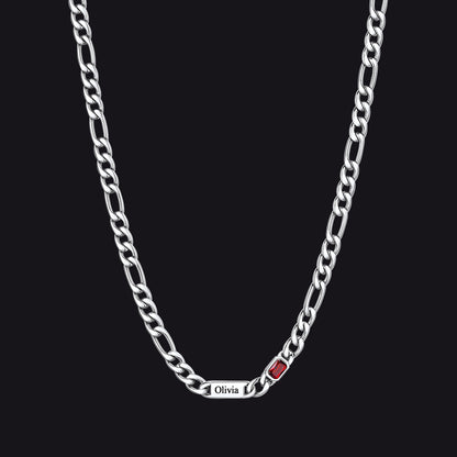 Customized Names Birthstone Figaro Chain Necklace | 1 Bar / Rectangle / Silver