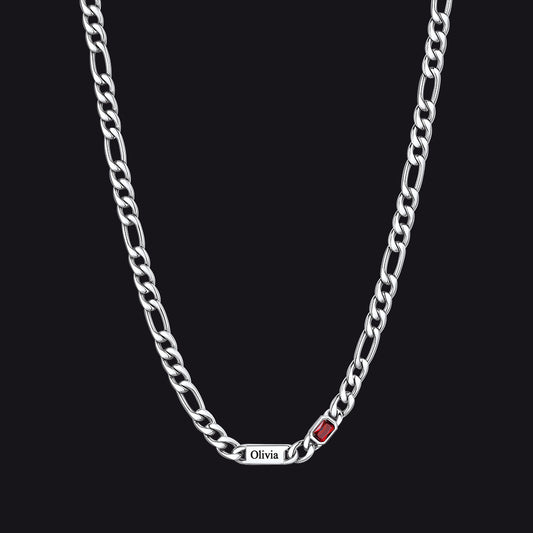 Customized Names Birthstone Figaro Chain Necklace | 1 Bar / Rectangle / Silverimg