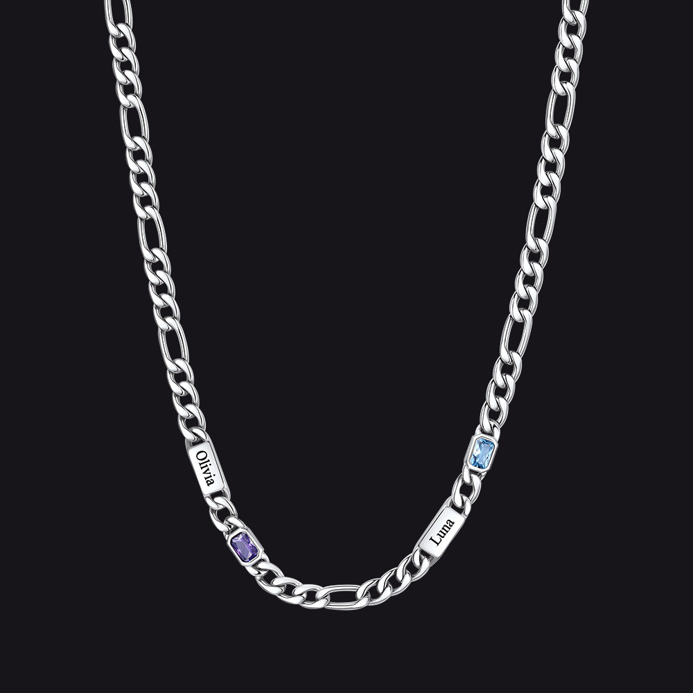 Customized Names Birthstone Figaro Chain Necklace | 2 Bars / Rectangle / Silver