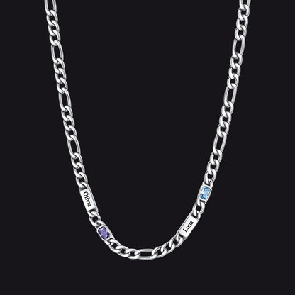Customized Names Birthstone Figaro Chain Necklace | 2 Bars / Rectangle / Silver