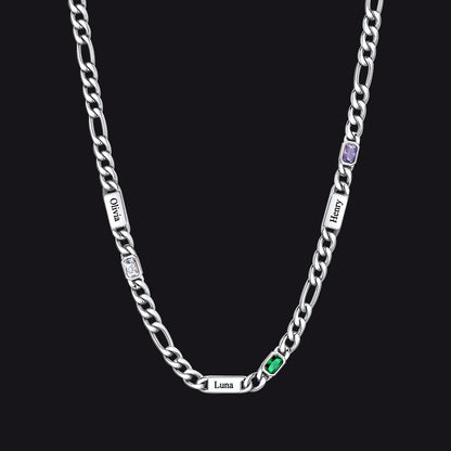 Customized Names Birthstone Figaro Chain Necklace | 4 Bars / Rectangle / Silver