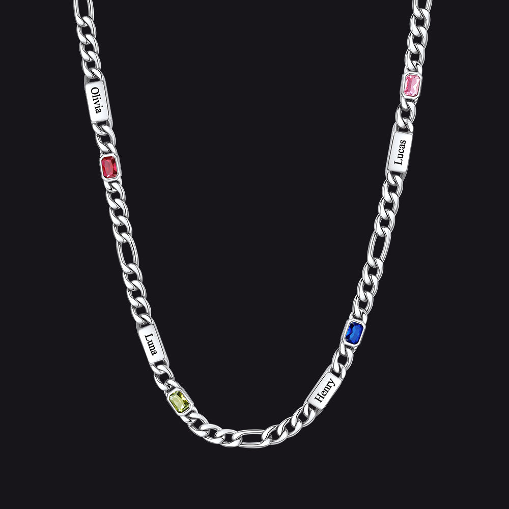Customized Names Birthstone Figaro Chain Necklace | 4 Bars / Rectangle / Silver