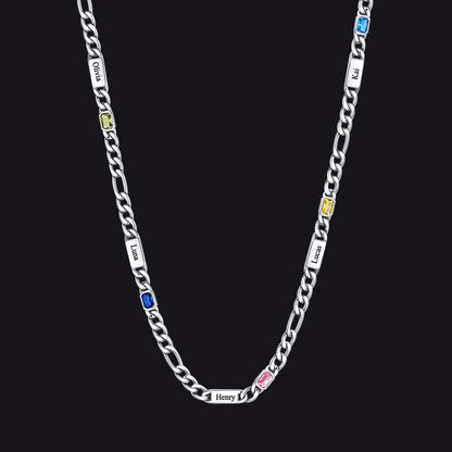Customized Names Birthstone Figaro Chain Necklace | 5 Bars / Rectangle / Silver