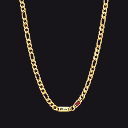 Customized Names Birthstone Figaro Chain Necklace | 1 Bar / Rectangle / 14k Gold