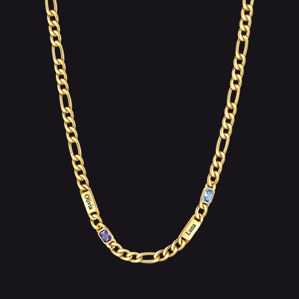Customized Names Birthstone Figaro Chain Necklace | 2 Bars / Rectangle / 14k Gold