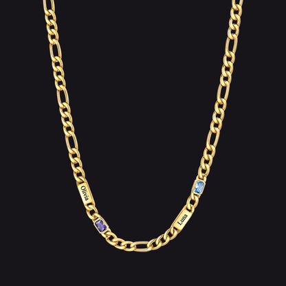 Customized Names Birthstone Figaro Chain Necklace | 2 Bars / Rectangle / 14k Gold