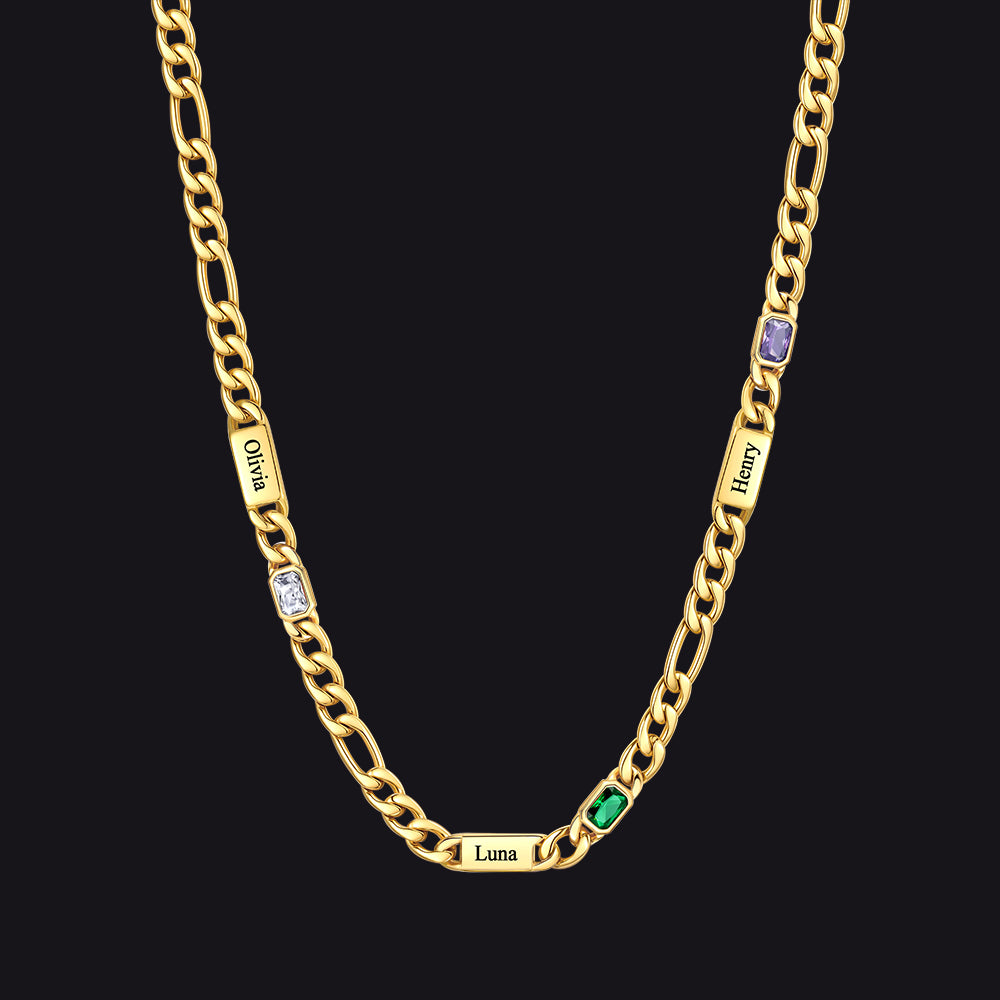 Customized Names Birthstone Figaro Chain Necklace | 4 Bars / Rectangle / Gold