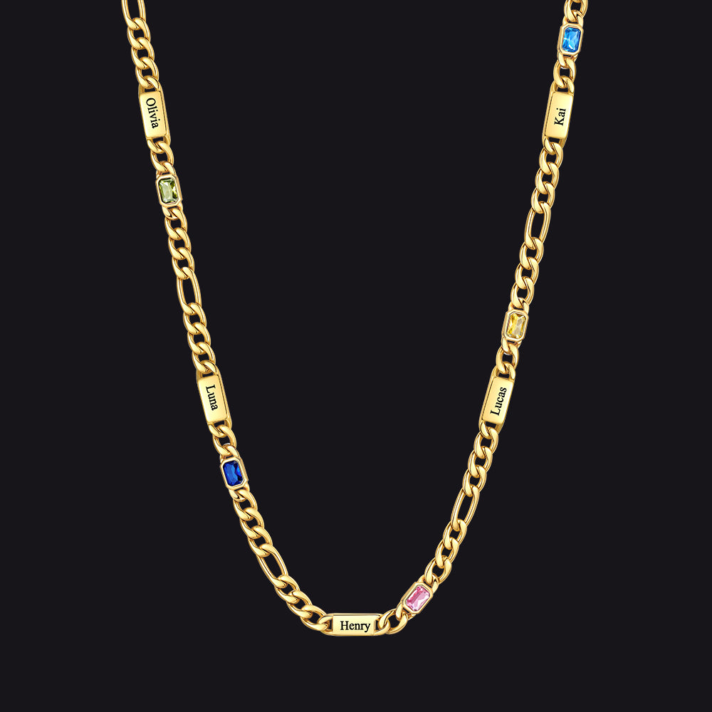 Customized Names Birthstone Figaro Chain Necklace | 5 Bars / Rectangle / Gold