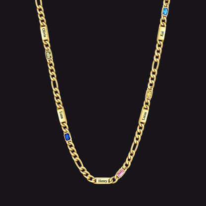 Customized Names Birthstone Figaro Chain Necklace | 5 Bars / Rectangle / Gold
