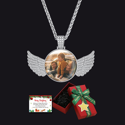 Silver Custom Angel Wings Photo Necklace with Christmas Gift Box & Card