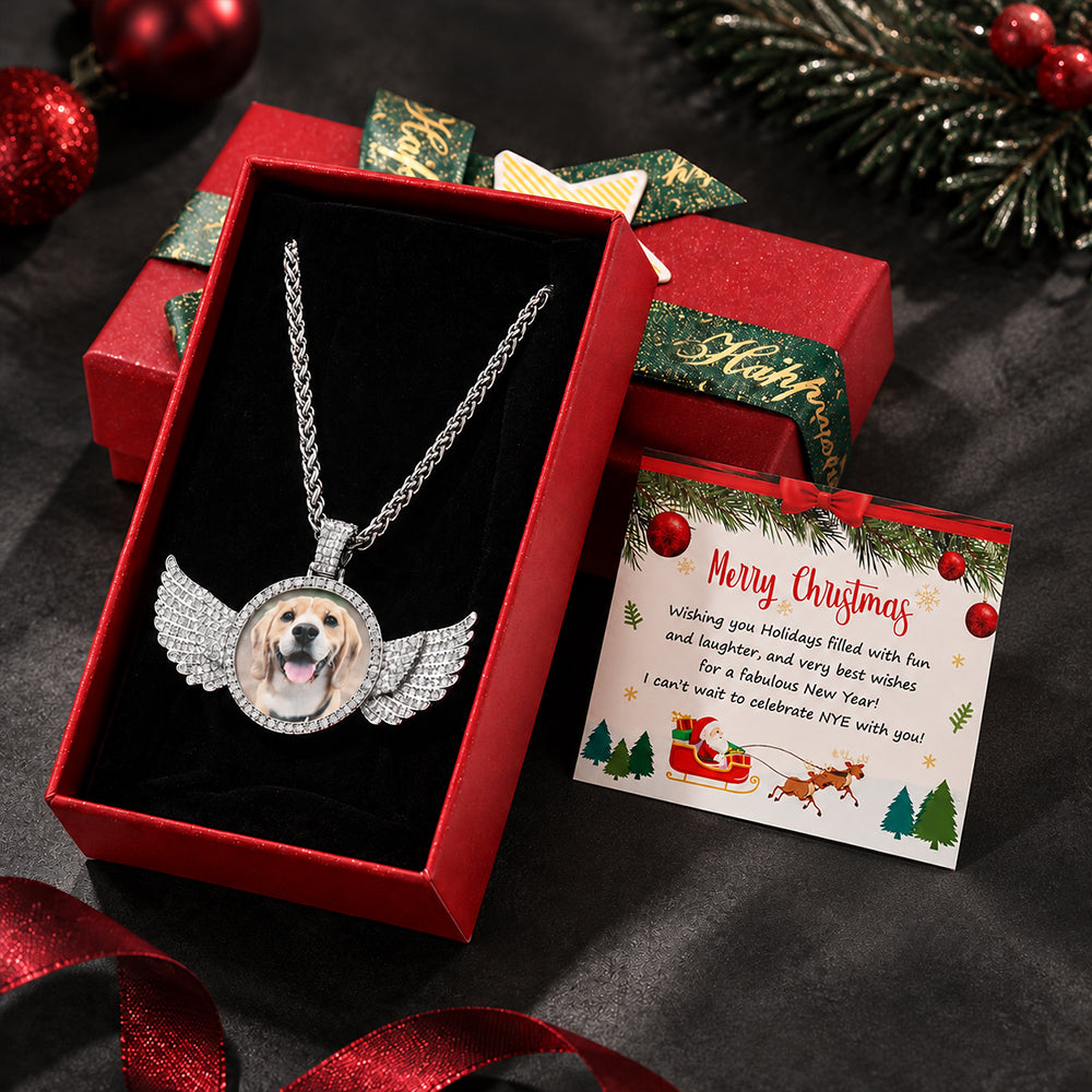 Custom Angel Wings Photo Necklace with Christmas Gift Box & Card