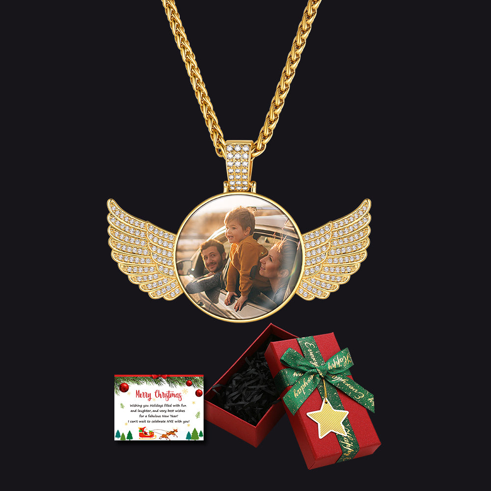 Gold Custom Angel Wings Photo Necklace with Christmas Gift Box & Card