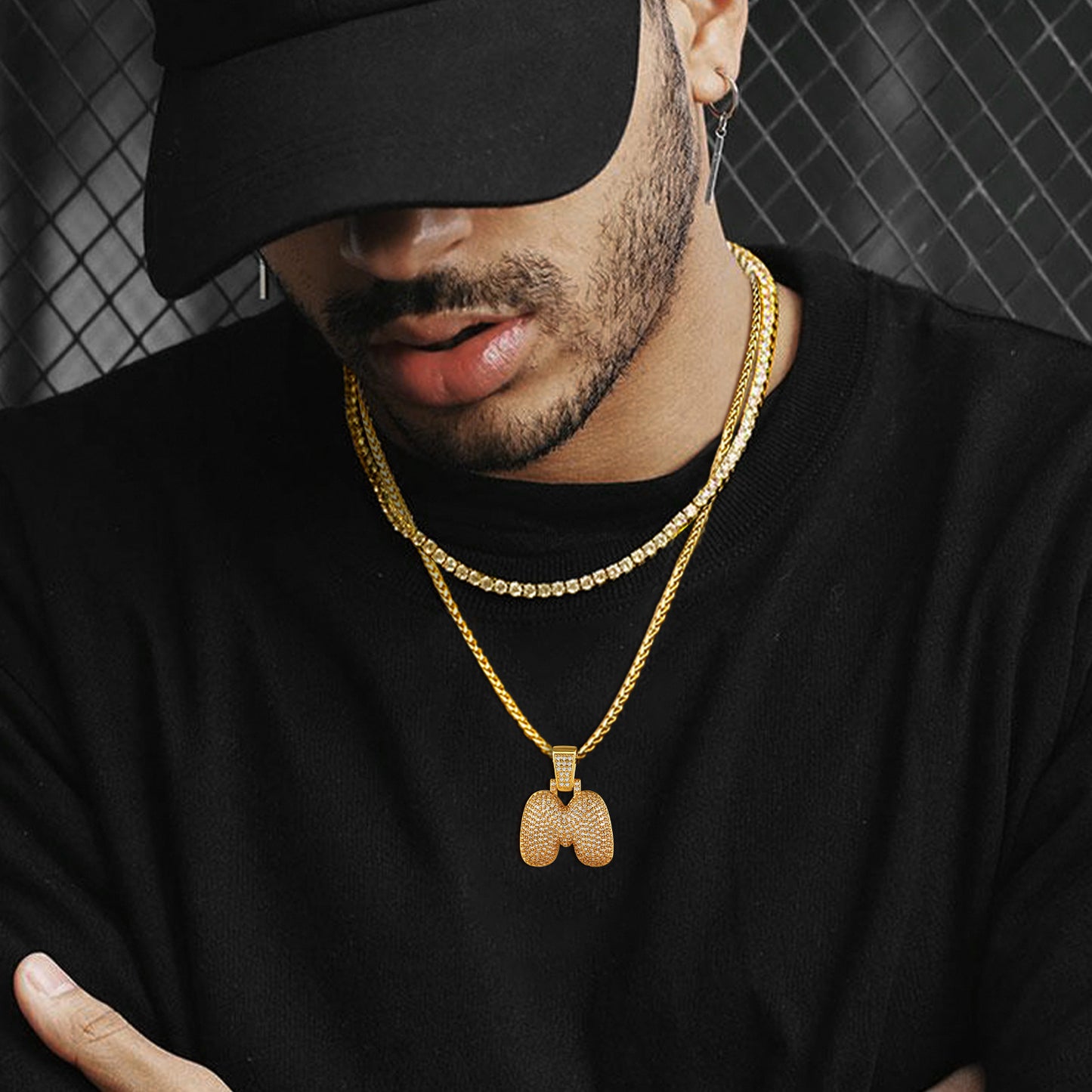  CZ Bubble Letter Initial Necklace for Men Women