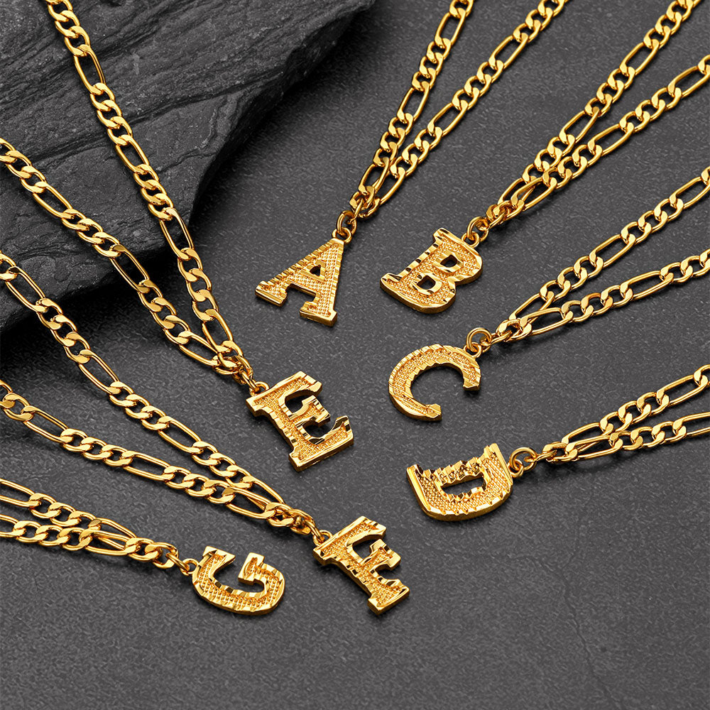 Initial A-Z Letter Pendant Figaro Chain Choker Necklace for Men