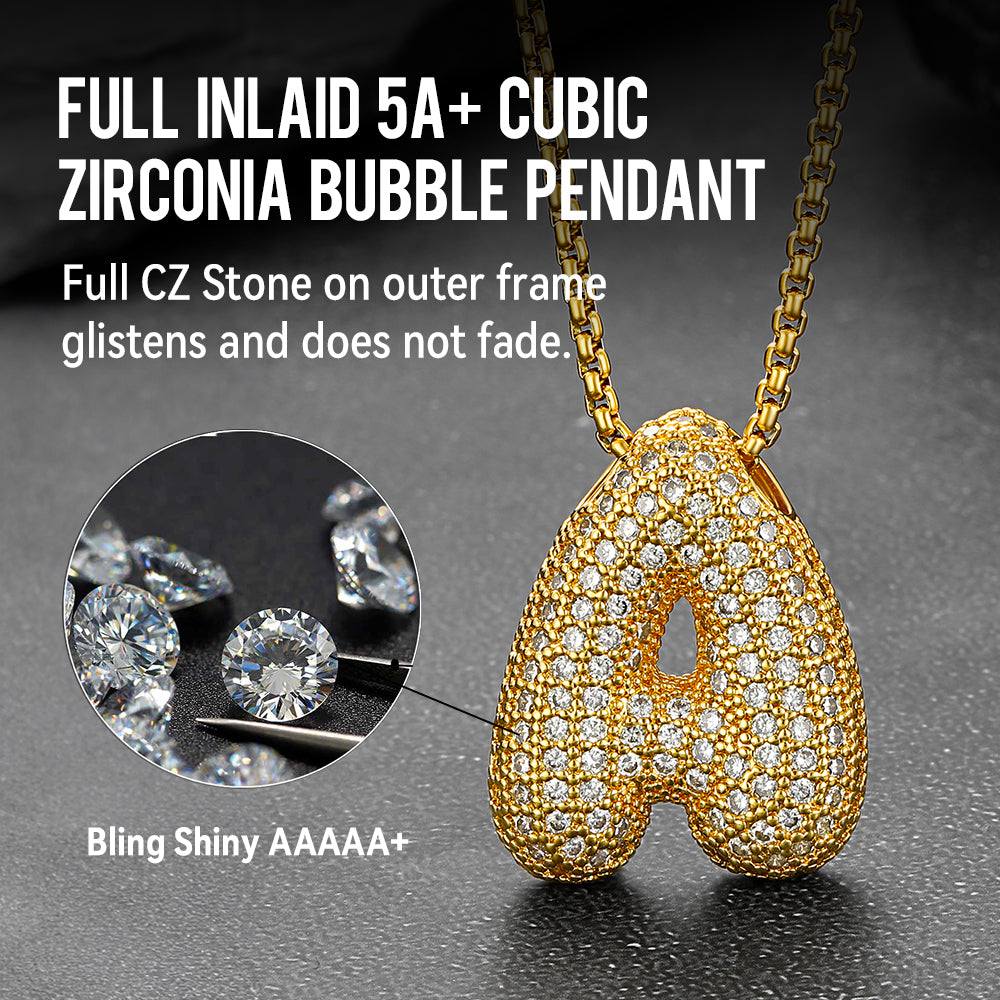 Gold CZ Bubble Letter Initial Chain Necklace with Rolo Box Chain for Men Women