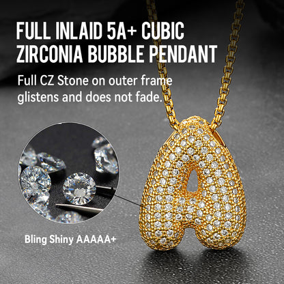 Gold CZ Bubble Letter Initial Chain Necklace with Rolo Box Chain for Men Women