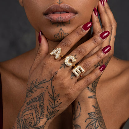 CZ Bold Initial Rings Open Adjustable Statement Ring for Women