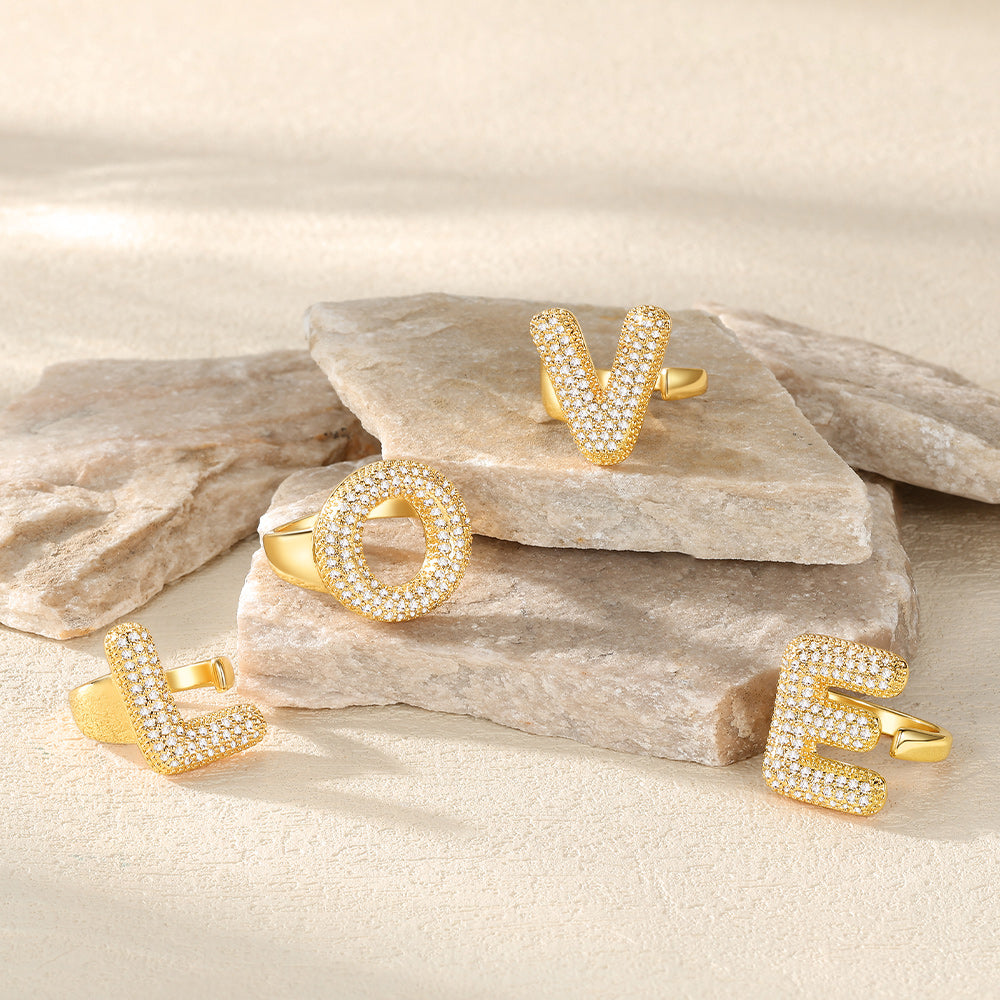 CZ Bold Initial Rings Open Adjustable Statement Ring for Women