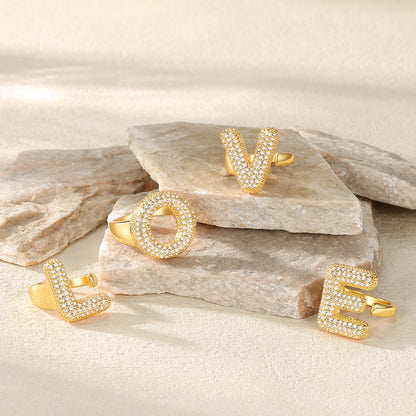 CZ Bold Initial Rings Open Adjustable Statement Ring for Women