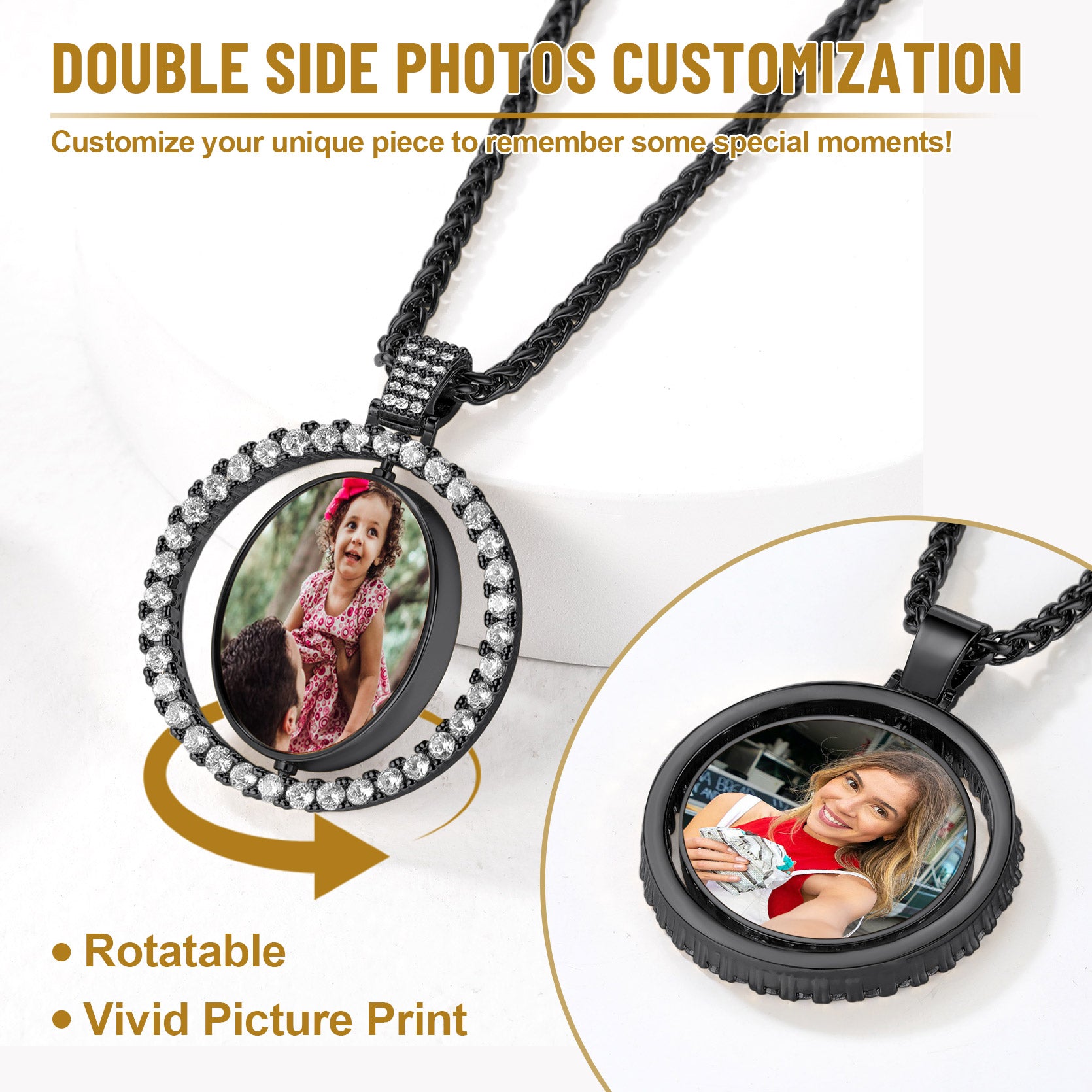 Personalized CZ Double-side Picture Necklace Memorial Gift for Men Women