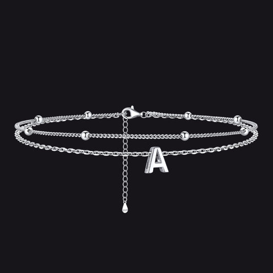 925 Sterling Silver Bead Chain Layered Initial A Anklets for Women Girlfriend Gift img