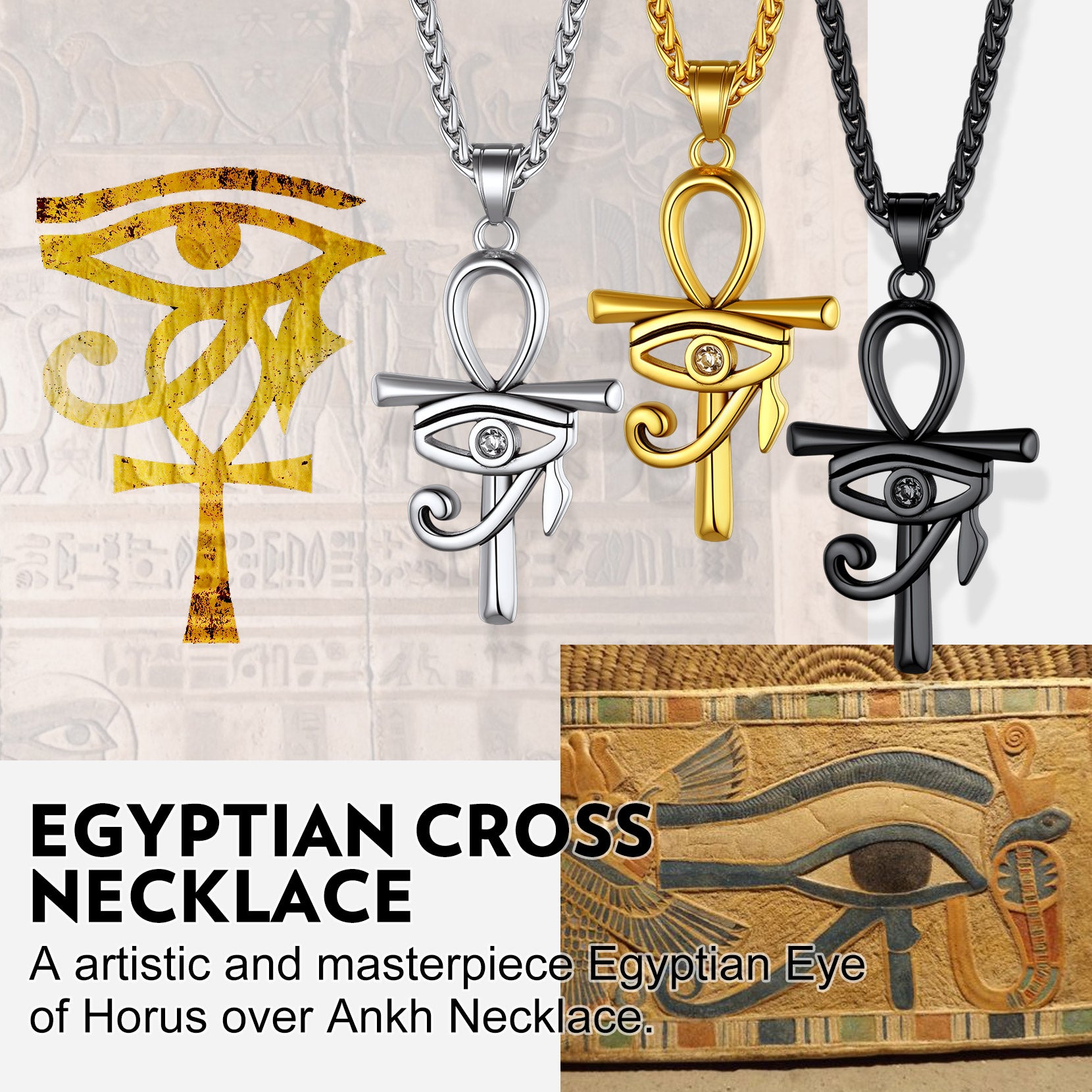 Egyptian Ankh Cross Necklace Pendant with Eye of Horus
