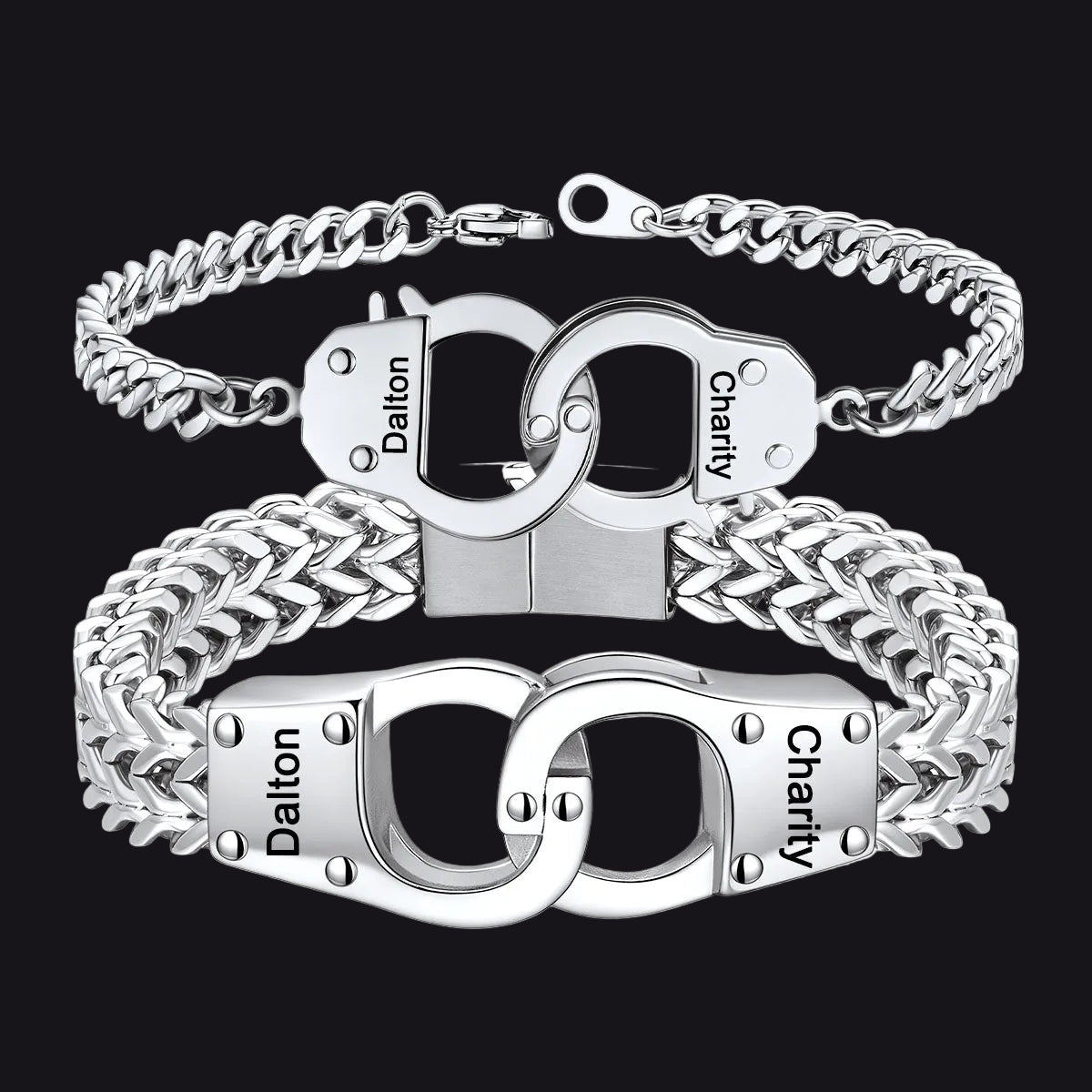 Silver Custom Text Handcuffs Chain Bracelet Gift Set for Couplebackgroundimg