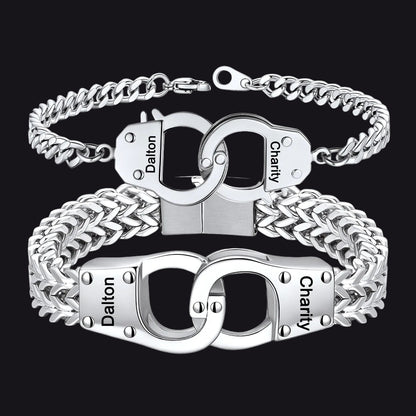 Silver Custom Text Handcuffs Chain Bracelet Gift Set for Couplebackground