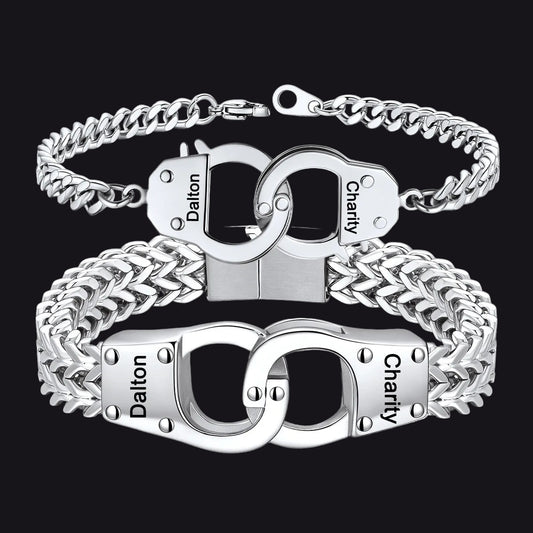 Silver Custom Text Handcuffs Chain Bracelet Gift Set for Couplebackgroundimg