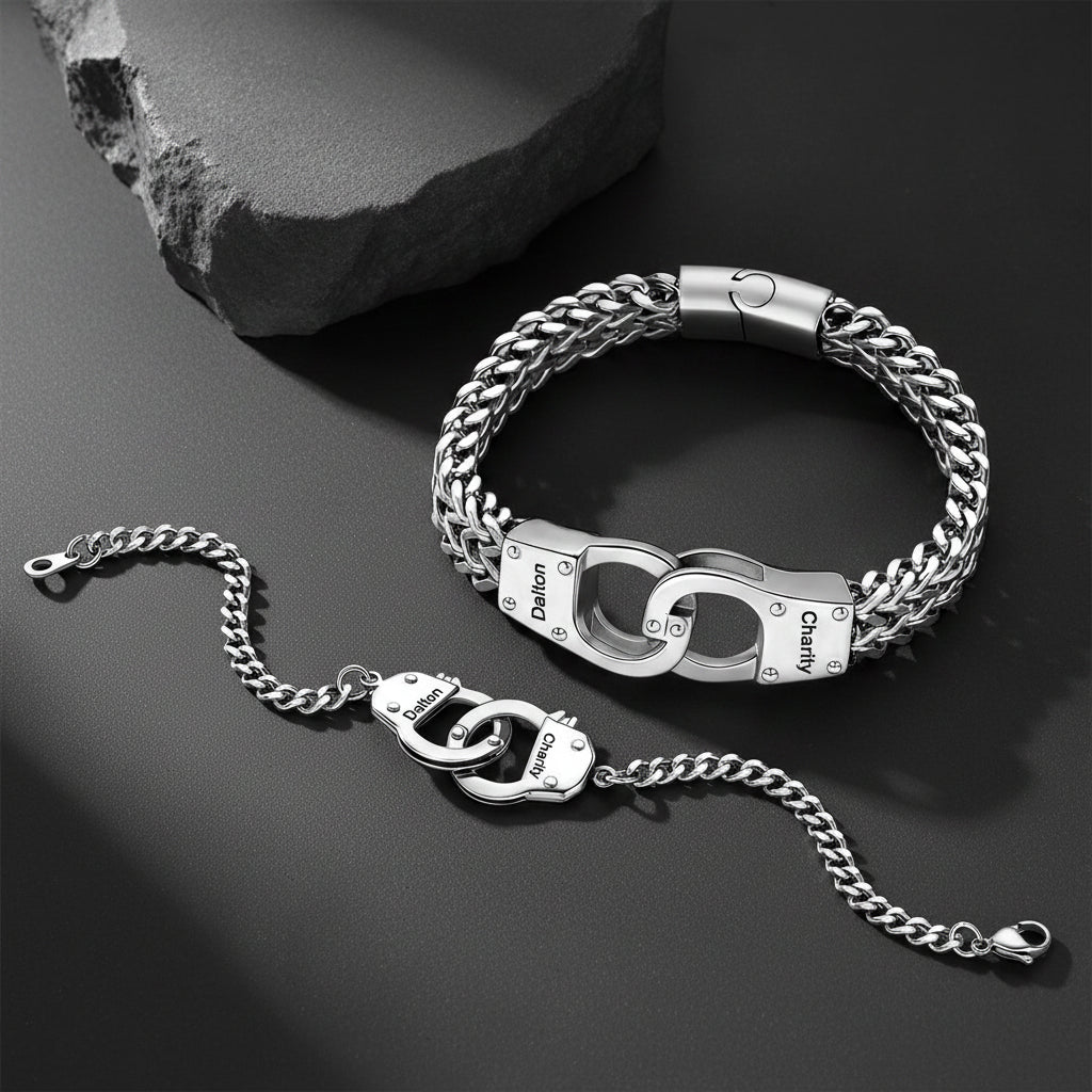 Silver Custom Text Handcuffs Chain Bracelet Gift Set for Couple