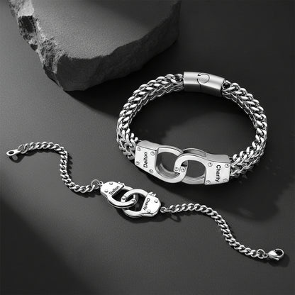 Silver Custom Text Handcuffs Chain Bracelet Gift Set for Couple