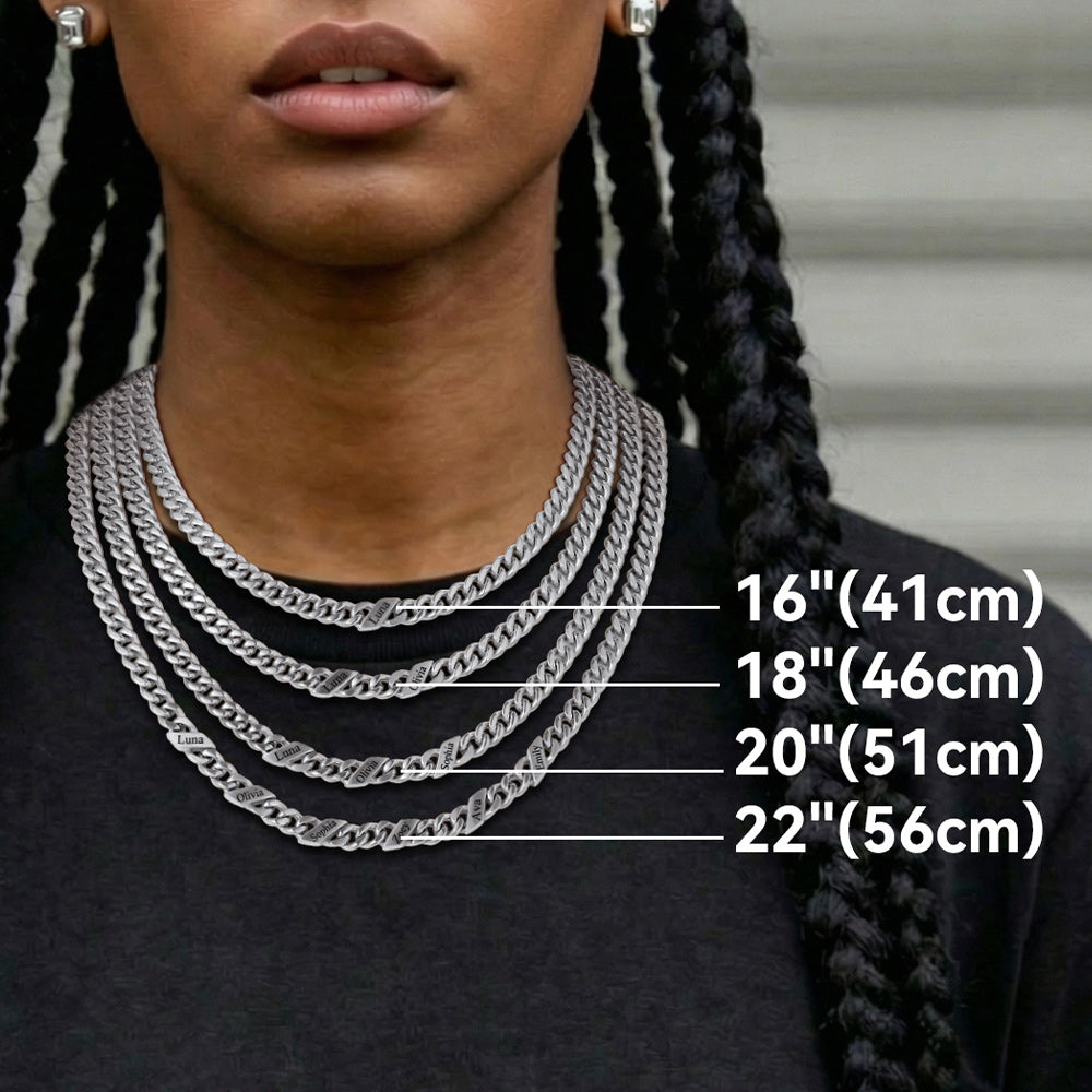 Silver chain necklaces with labeled lengths on a person wearing them.
