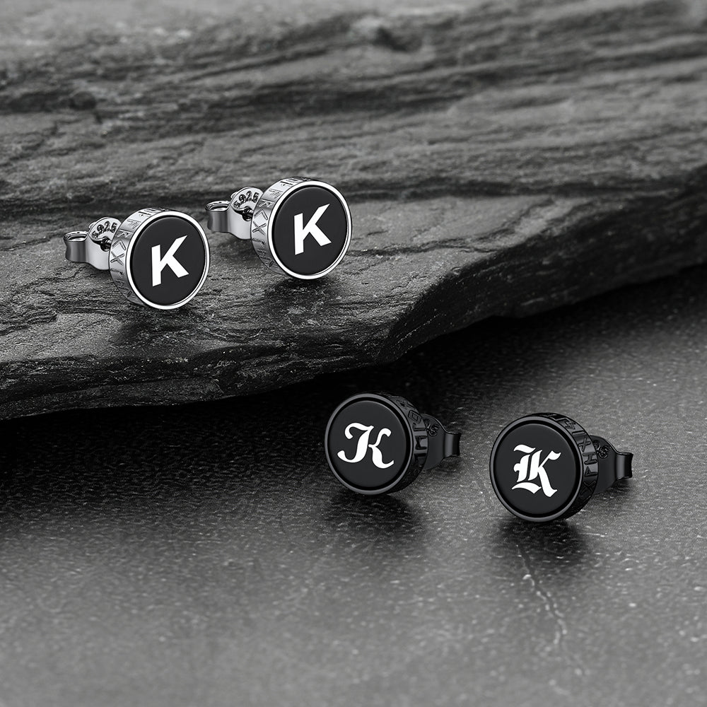 Engraved Roman Numerals Black Onyx Stud Earrings